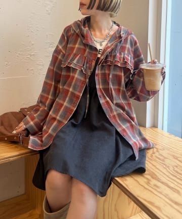 w closet(ダブルクローゼット) 【25AW】チェックフリルフーディーシャツ