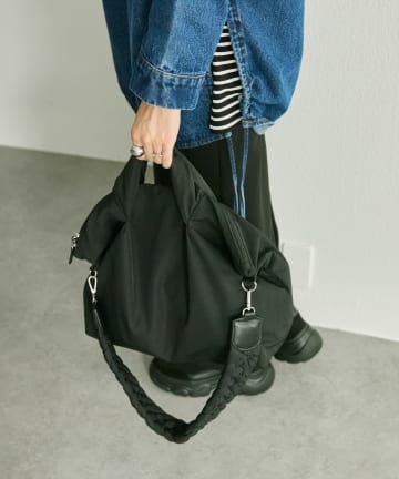 《撥水/A4サイズ対応》編み手ショルダー付きふわふわボストンバッグLサイズ