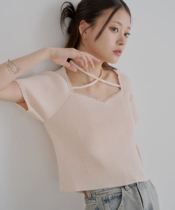 OUTLET(アウトレット) 【Chico】紐デザインカップスクエアフレンチニット
