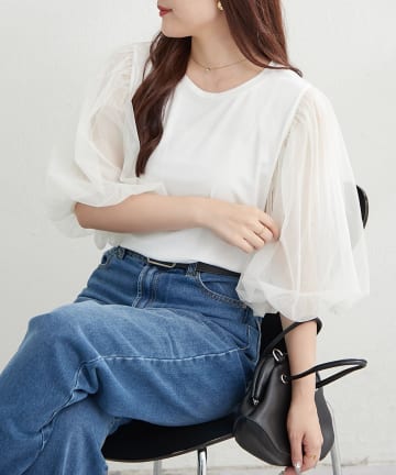 NICE CLAUP / OLIVE des OLIVE OUTLET(ナイスクラップ  / オリーブ デ オリーブ アウトレット) 【RMAF】袖チュールTシャツ
