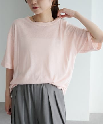 PUAL CE CIN(ピュアルセシン) ロゴ刺繍×フロッキープリント麻混Tシャツ