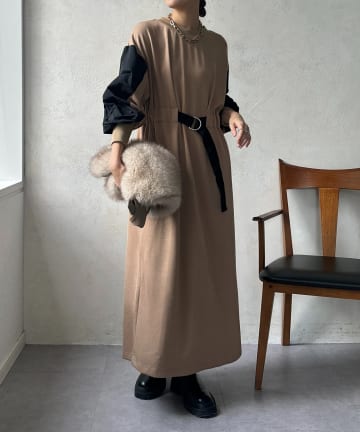 DOUDOU(ドゥドゥ) 【WEB限定】ウエストベルト異素材切替ワンピース