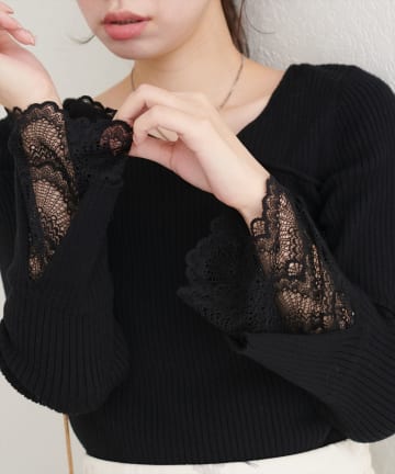 natural couture(ナチュラルクチュール) 袖レースアシメネックリブニット