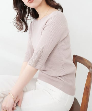 NICE CLAUP / OLIVE des OLIVE OUTLET(ナイスクラップ  / オリーブ デ オリーブ アウトレット) 【natural couture】袖口フラワー刺繍リブニット