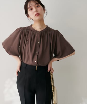 natural couture(ナチュラルクチュール) 【WEB限定】麻混フレア袖ブラウス
