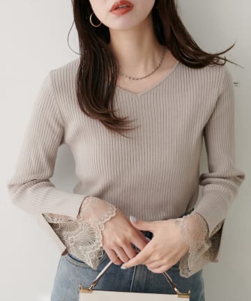 natural couture(ナチュラルクチュール) 【大好評リバイバル】前後2WAY袖口レースリブニット