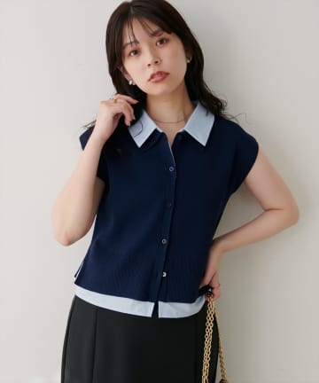 natural couture(ナチュラルクチュール) フェイクレイヤード衿付きノースリカーディガン
