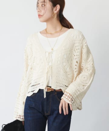 un dix cors(アンディコール) 《大人フェミニンな透け感カーデ》クロシェ長袖カーデ