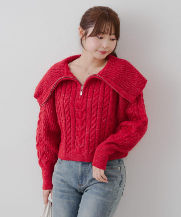 NICE CLAUP / OLIVE des OLIVE OUTLET(ナイスクラップ  / オリーブ デ オリーブ アウトレット) 【RMAF】ビッグ衿ZIPUPニット