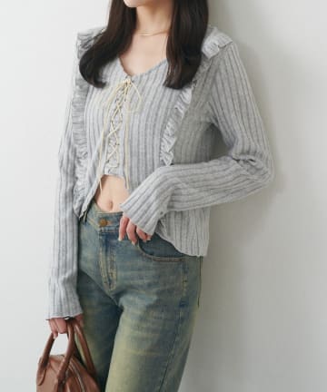 mline(エムライン) [mline]レースアップ リブメローＴシャツ