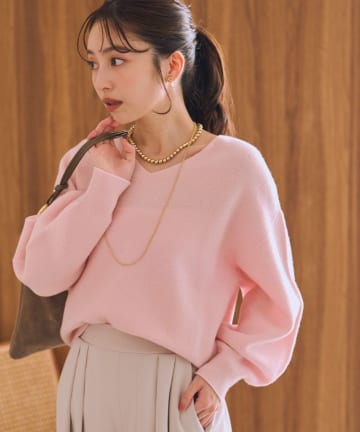 La boutique BonBon(ラブティックボンボン) 【デコルテ美人見え】ウール100％強縮Vネックニット