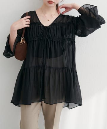 natural couture(ナチュラルクチュール) 【WEB限定】ギャザーティアードロングブラウス