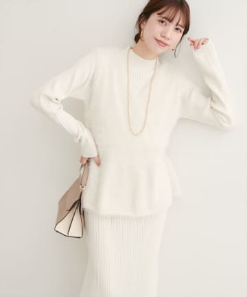 natural couture(ナチュラルクチュール) 【SNSで人気】フェザーペプラムベスト+リブタイトワンピースSET