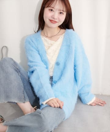 natural couture(ナチュラルクチュール) シャギー起毛Vネックニットカーディガン