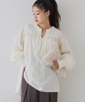 CIAOPANIC TYPY(チャオパニックティピー) 【WEB限定】レースアップチュニック丈ギャザーブラウス