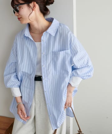 DISCOAT(ディスコート) 【WEB限定】カフスホワイトデザインストライプオーバーシャツ