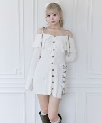 OLIVE des OLIVE(オリーブ デ オリーブ) 【Belle Charme】レースアップオフショルニットワンピ