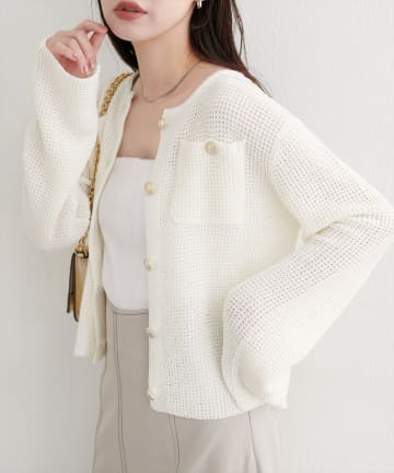 natural couture(ナチュラルクチュール) 【WEB限定】ポケ付き金釦ワッフル編みカーディガン