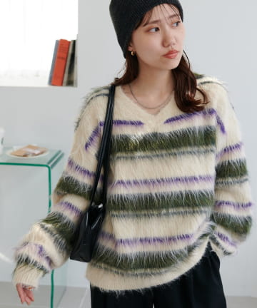 DISCOAT(ディスコート) 【ユニセックス】シャギーマルチボーダーVネックニット