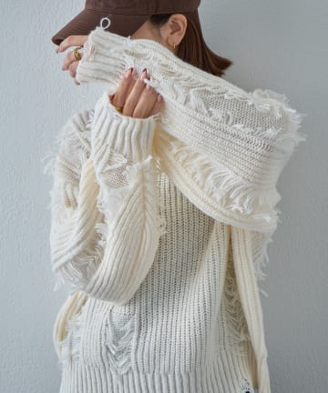 -goocy-(グーシー) モヘアタッチダメージ風フリンジプルオーバー