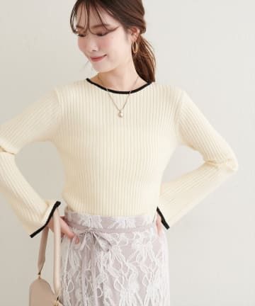 natural couture(ナチュラルクチュール) フレア袖配色リブニット