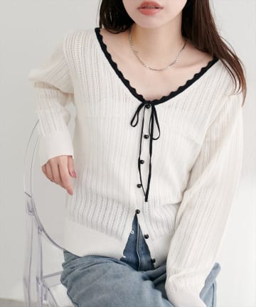 natural couture(ナチュラルクチュール) 配色リボン透かし編みカーディガン