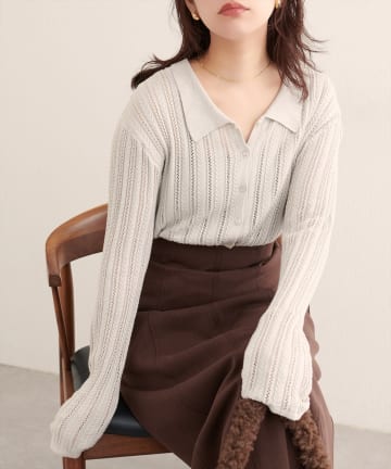 natural couture(ナチュラルクチュール) 【WEB限定】透かし×細ケーブル衿付きカーデ