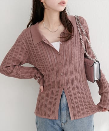 natural couture(ナチュラルクチュール) 【WEB限定】透かし×細ケーブル衿付きカーデ