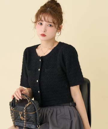 one after another NICE CLAUP(ワンアフターアナザー ナイスクラップ) 【WEB限定】ゴールドボタン半袖ツイード風カーディガン