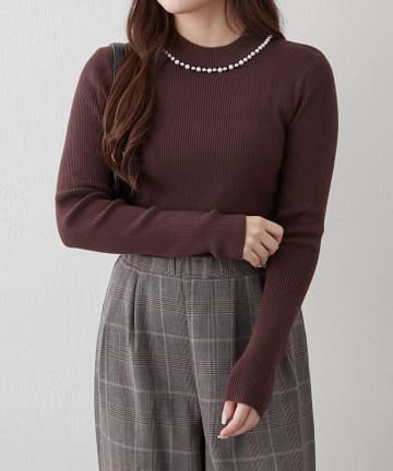 NICE CLAUP / OLIVE des OLIVE OUTLET(ナイスクラップ  / オリーブ デ オリーブ アウトレット) 【RMAF】パール付プチハイリブニット