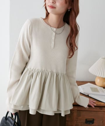 DISCOAT(ディスコート) 【腰回りカバー/着映え】別地切替ペプラムヘンリープルオーバー