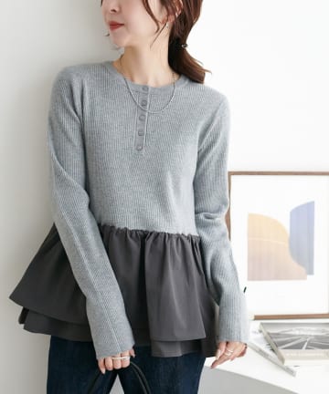 DISCOAT(ディスコート) 【腰回りカバー/着映え】別地切替ペプラムヘンリープルオーバー