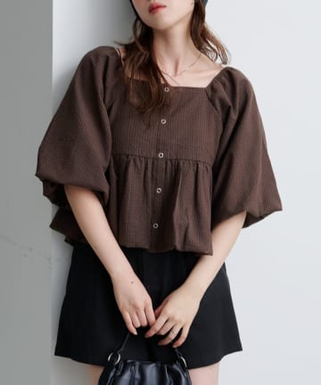 Kastane(カスタネ) 【2WAY/4色展開/無地&チェック/WEB限定カラー】バルーン七分袖ブラウス