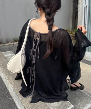 CIAOPANIC TYPY(チャオパニックティピー) 前後2wayメランジシアーストライプリボンカーデ