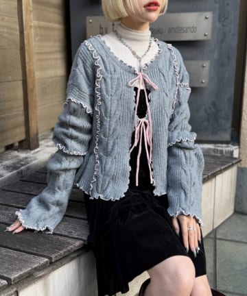 w closet(ダブルクローゼット) 【予約人気アイテムNO.1】配色メロウケーブルリボンカーデ