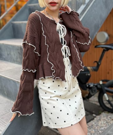 w closet(ダブルクローゼット) 【新色ブラウン登場！12月26日予約開始♪】【予約人気アイテムNO.1】配色メロウケーブルリボンカーデ