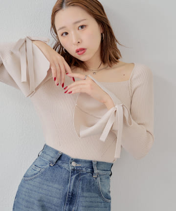OUTLET(アウトレット) 【Chico】袖リボン付きフレアスリーブニット