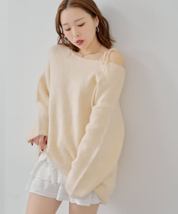OUTLET(アウトレット) 【Chico】肩紐リボンルーズシャギーニットワンピース