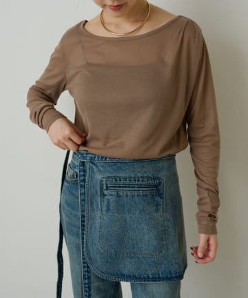 Omekashi(オメカシ) 【新色追加/チャコールグレー・ピンク】シアーリブオフショルロングTシャツ