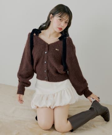 Chico(チコ) 【ブローチ取外し可】ベロアリボンルーズニットカーディガン