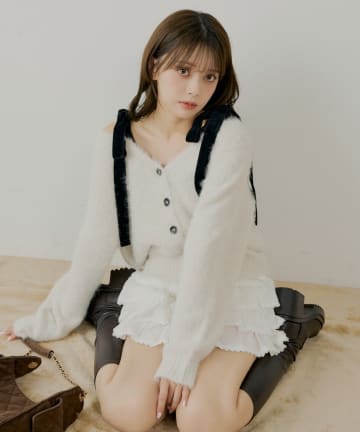 Chico(チコ) 【ブローチ取外し可】ベロアリボンルーズニットカーディガン