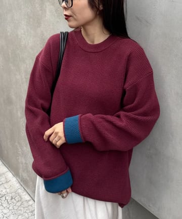 CIAOPANIC TYPY(チャオパニックティピー) 【ヨレ・伸びが起こりずらくお手入れ簡単】ユニセックス/袖配色/洗える/リシェイプワッフルニットプルオーバー