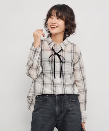 NOLLEY'S(ノーリーズ) ウォッシャブルリボン付きチェックシャツ