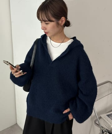 DISCOAT(ディスコート) 【ユニセックス】畦編みフード付きシャギーニット
