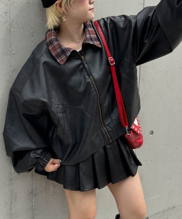 CIAOPANIC(チャオパニック) チェック襟フェイクレザーバルーンショートブルゾン