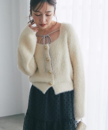 La boutique BonBon(ラブティックボンボン) フェザーヤーン片畦リボンカーディガン