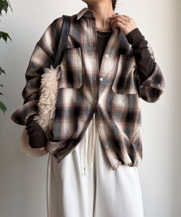 DOUDOU(ドゥドゥ) 起毛チェックドロストシャツ