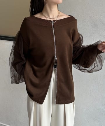 Thevon.(ゼヴォン) 袖チュールWジップ裏毛プルオーバー