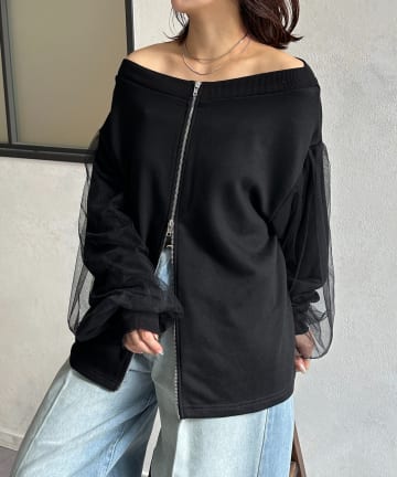 Thevon.(ゼヴォン) 袖チュールWジップ裏毛プルオーバー