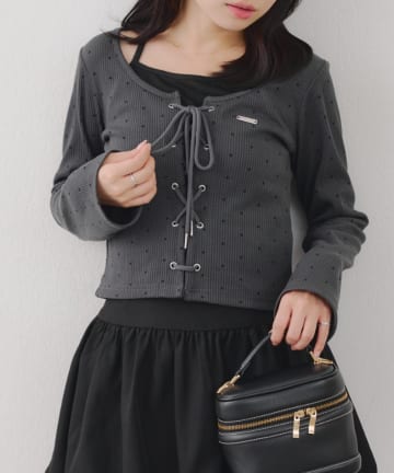 NICE CLAUP / OLIVE des OLIVE OUTLET(ナイスクラップ  / オリーブ デ オリーブ アウトレット) トレンドのドット柄あり【RMAF】レースUPテレコトップス